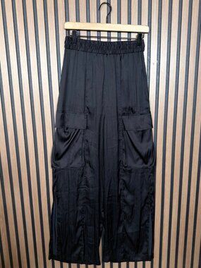 Carbon 38 Pants Small Black Satin Baggy Cargo High Rise Elastic Waist Leg Slit